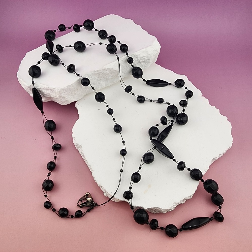 Cookie Lee Black Faceted Bead Multi Strand Necklace Gothic Statement Layered